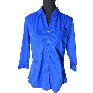 CROFT & BARROW Cobalt Blue Black Polka Dot Blouse Button Down Western Medium